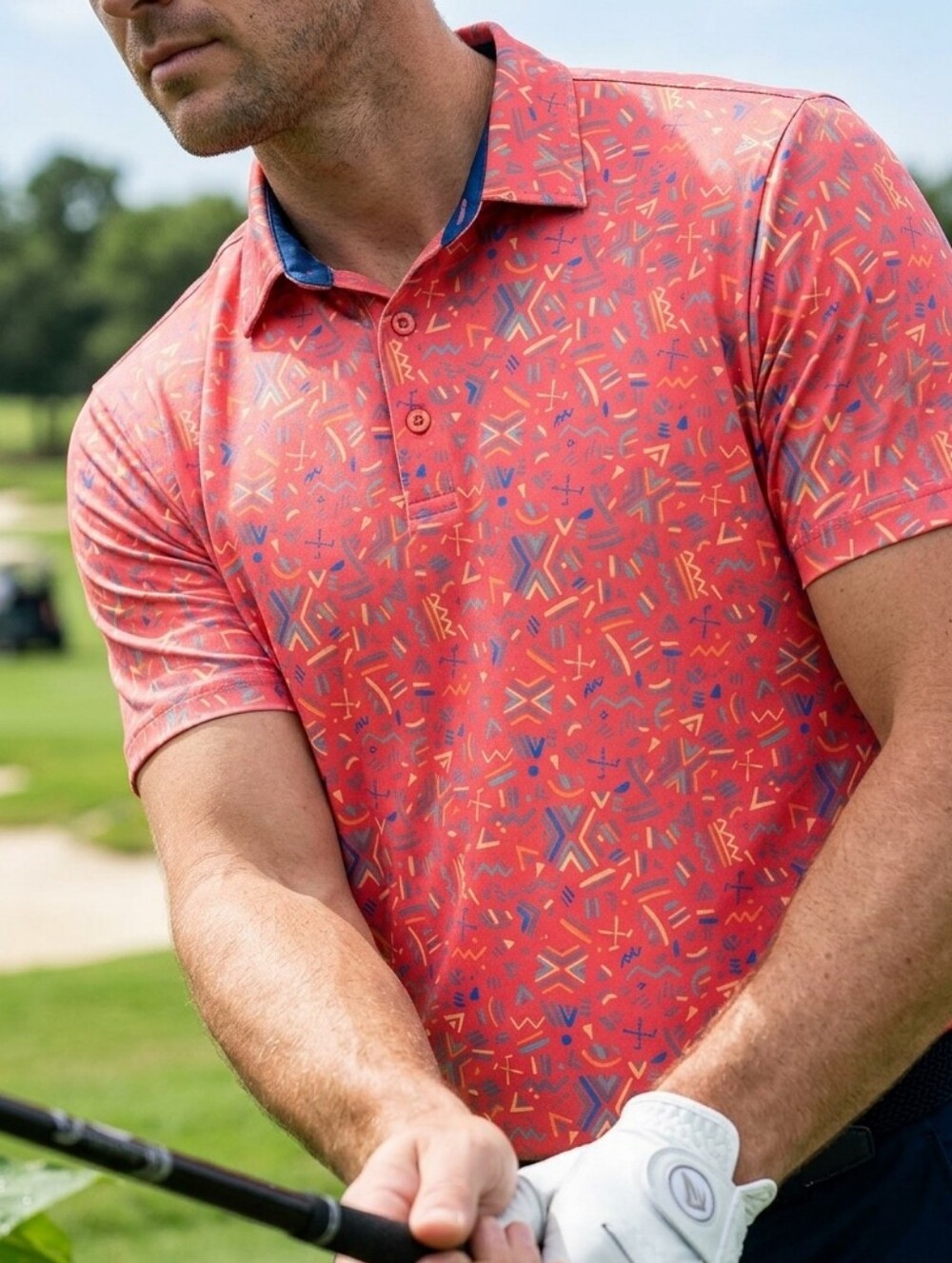 BirdieBound Red/Pink Geometric Print Polo Size 2XL